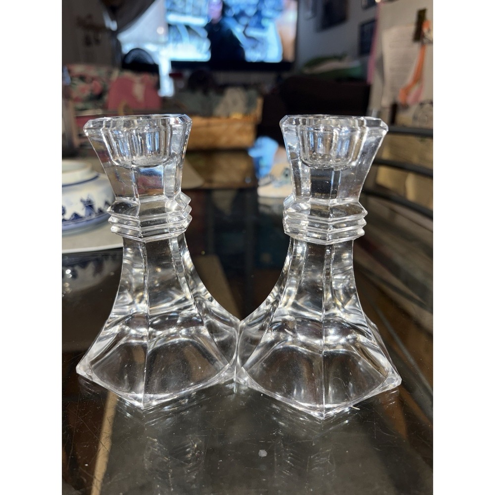 Vintage Heavy Lead Crystal Candlestick Holders Hexagonal Hex Set of 2 Clear